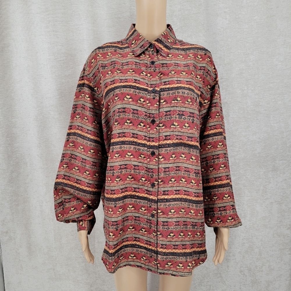 K Arnold Vintage Southwestern Tribal Silk Button Down Shirt Women's Large
